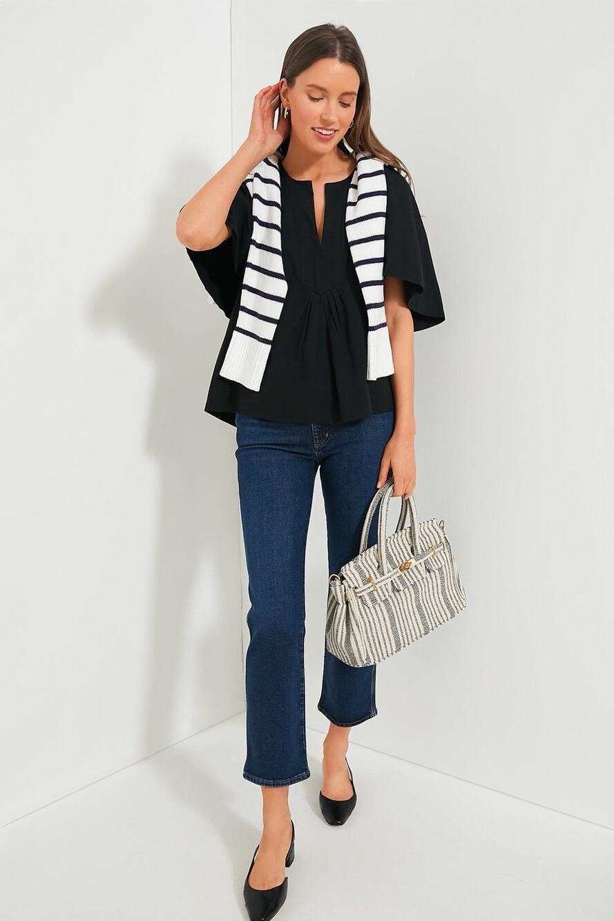 Pomander Place Tuckernuck Finley Flutter Sleeve Top Blouse Black SZ L Preppy